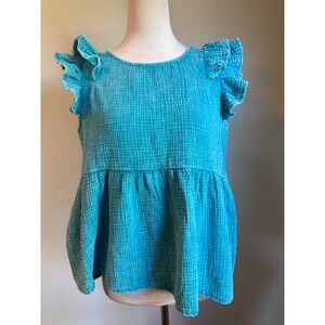Boho Turquoise Blue Cotton cottage Y2K fairy dainty Ruffle Babydoll Peplum Top